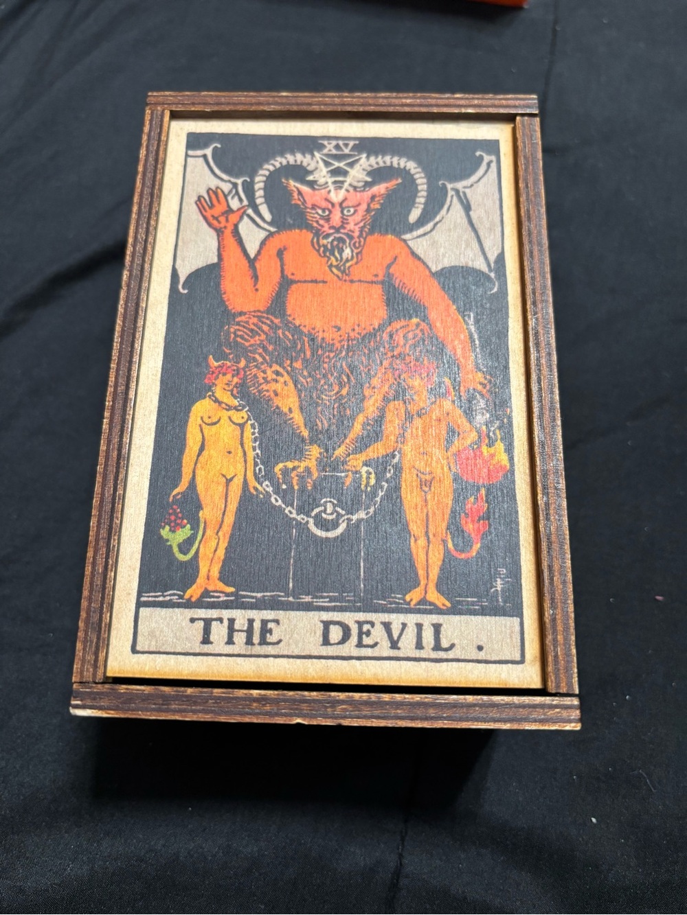 Hand Crafted Orange and Black 'The Devil' Framed Tarot Wall Art